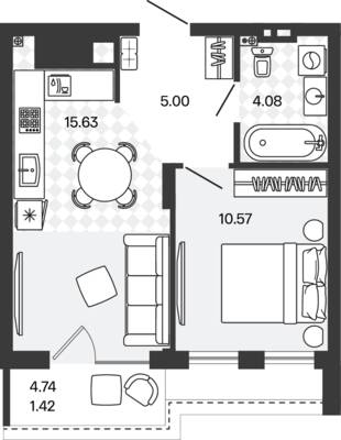 Планировка: 1-комн. 36,7 м² · этаж 5 из 5
