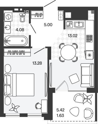 Планировка: 1-комн. 37,01 м² · этаж 5 из 5