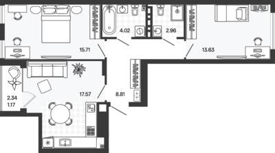 Планировка: 2-комн. 64,11 м² · этаж 3 из 5