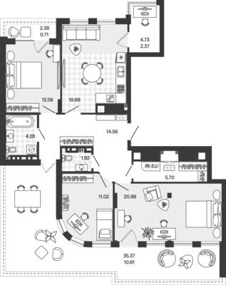 Планировка: 3-комн. 103,4 м² · этаж 5 из 5