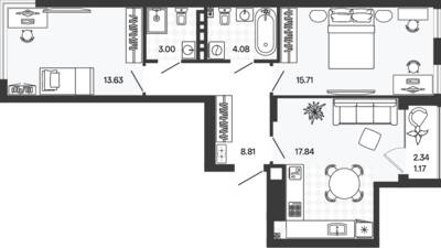 Планировка: 2-комн. 64,39 м² · этаж 4 из 5