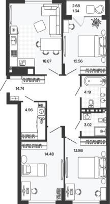 Планировка: 3-комн. 88,83 м² · этаж 1 из 5