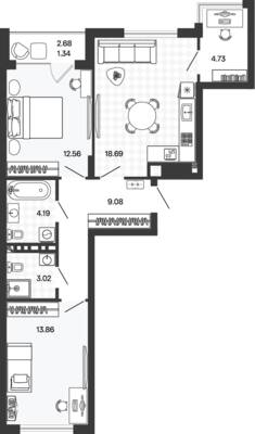 Планировка: 2-комн. 65,27 м² · этаж 2 из 5