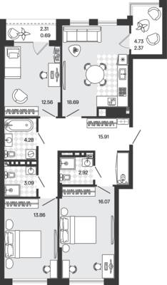 Планировка: 3-комн. 90,44 м² · этаж 5 из 5