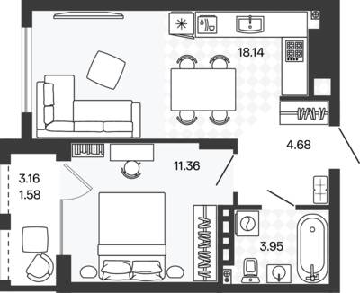 Планировка: 1-комн. 39,77 м² · этаж 5 из 5