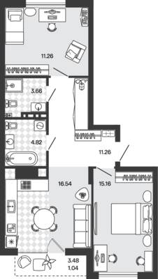 Планировка: 2-комн. 63,74 м² · этаж 5 из 5