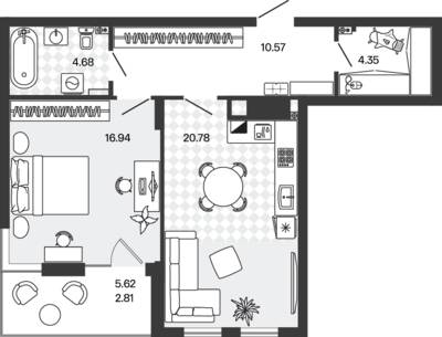 Планировка: 1-комн. 60,13 м² · этаж 1 из 5