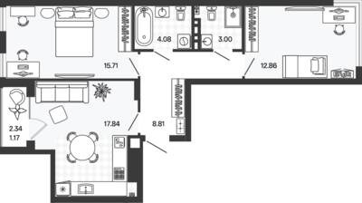 Планировка: 2-комн. 64,15 м² · этаж 5 из 5