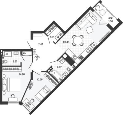 Планировка: 2-комн. 68,53 м² · этаж 5 из 5