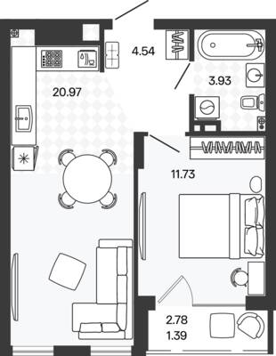 Планировка: 1-комн. 42,45 м² · этаж 3 из 5