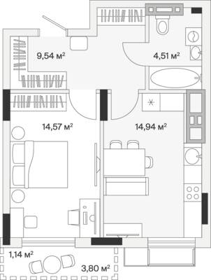 1-комнатная квартира 44,8 м² в ЖК АЭРО, Малое Исаково — фото 1