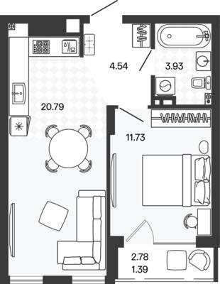 Планировка: 1-комн. 43,03 м² · этаж 1 из 5