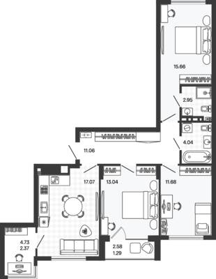 Планировка: 3-комн. 79,16 м² · этаж 3 из 5