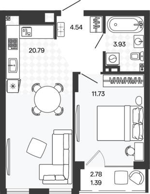 Планировка: 1-комн. 42,45 м² · этаж 5 из 5