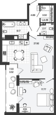Планировка: 1-комн. 65,73 м² · этаж 5 из 5