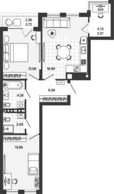 Планировка: 2-комн. 64,65 м² · этаж 5 из 5