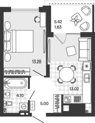 Планировка: 1-комн. 37,03 м² · этаж 5 из 5