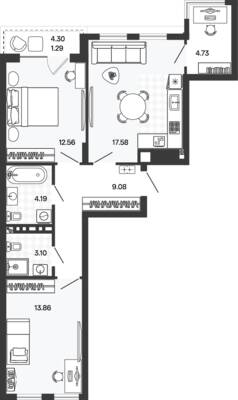 Планировка: 2-комн. 64,62 м² · этаж 5 из 5