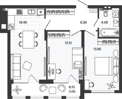 Планировка: 2-комн. 63,08 м² · этаж 3 из 5