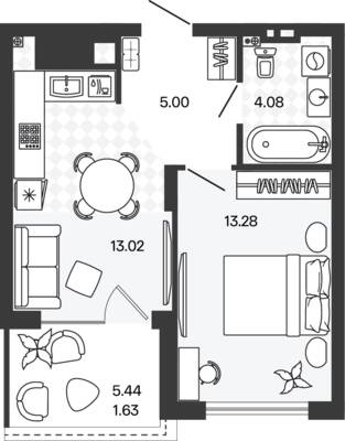Планировка: 1-комн. 37,01 м² · этаж 5 из 5
