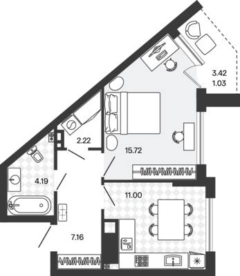 Планировка: 1-комн. 41,32 м² · этаж 5 из 5