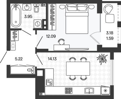 Планировка: 1-комн. 37,03 м² · этаж 5 из 5