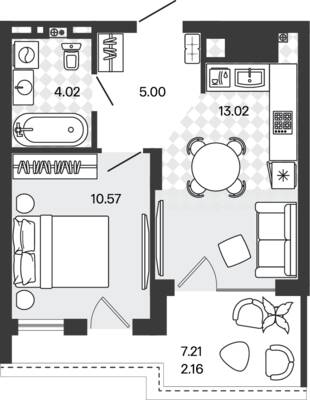 Планировка: 1-комн. 34,77 м² · этаж 5 из 5