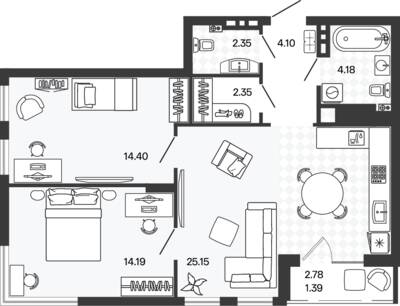Планировка: 2-комн. 68,13 м² · этаж 2 из 5