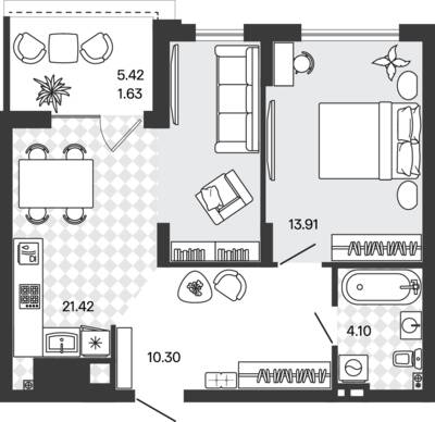 Планировка: 1-комн. 51,36 м² · этаж 5 из 5