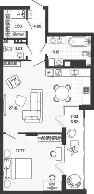 Планировка: 1-комн. 65,66 м² · этаж 2 из 5