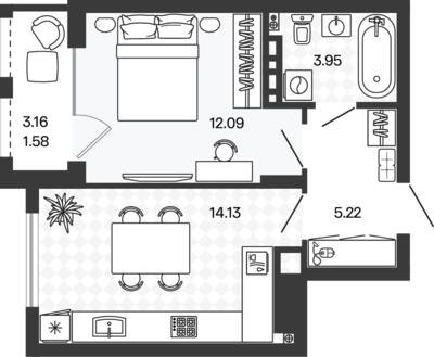 Планировка: 1-комн. 37,03 м² · этаж 5 из 5