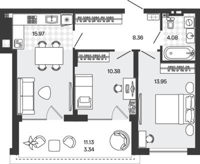 Планировка: 2-комн. 56,08 м² · этаж 5 из 5