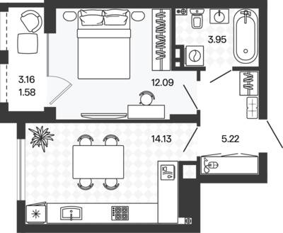 Планировка: 1-комн. 37,52 м² · этаж 1 из 5