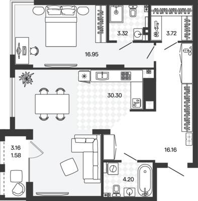 Планировка: 1-комн. 76,23 м² · этаж 1 из 5