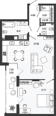 Планировка: 1-комн. 65,73 м² · этаж 2 из 5