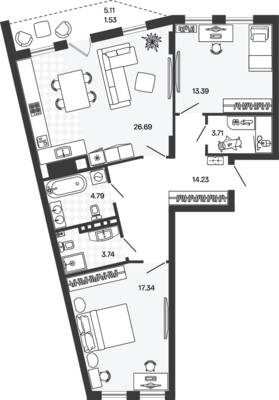 Планировка: 2-комн. 85,42 м² · этаж 5 из 5