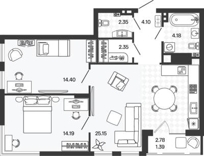 Планировка: 2-комн. 68,76 м² · этаж 1 из 5