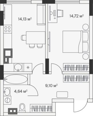 1-комнатная квартира 42,8 м² в ЖК АЭРО, Малое Исаково — фото 1