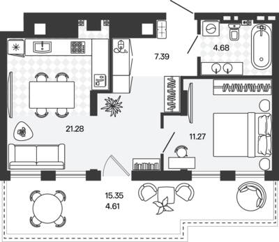 Планировка: 1-комн. 49,22 м² · этаж 5 из 5