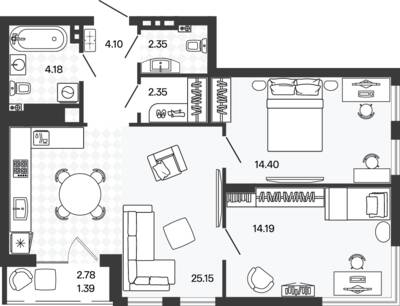 Планировка: 2-комн. 68,13 м² · этаж 3 из 5
