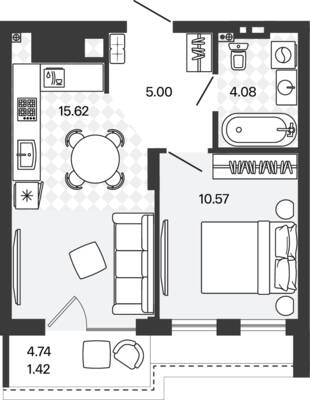 Планировка: 1-комн. 36,69 м² · этаж 5 из 5