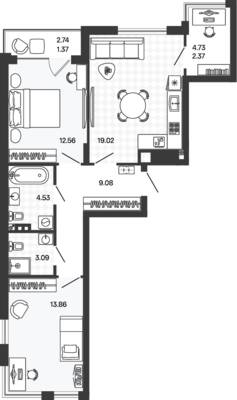 Планировка: 2-комн. 65,88 м² · этаж 2 из 5