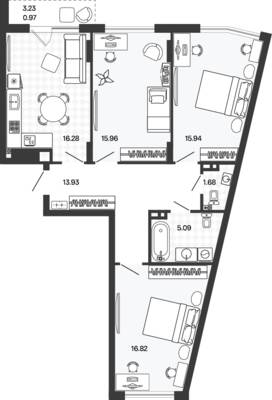 Планировка: 3-комн. 86,7 м² · этаж 3 из 5