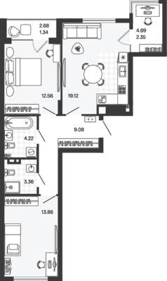 Планировка: 2-комн. 65,89 м² · этаж 2 из 5