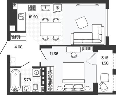 Планировка: 1-комн. 39,5 м² · этаж 5 из 5