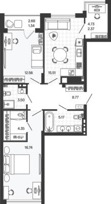 Планировка: 2-комн. 70,31 м² · этаж 2 из 5