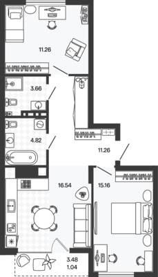Планировка: 2-комн. 63,74 м² · этаж 4 из 5
