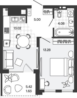 Планировка: 1-комн. 37,01 м² · этаж 5 из 5
