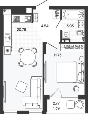 Планировка: 1-комн. 43,04 м² · этаж 1 из 5