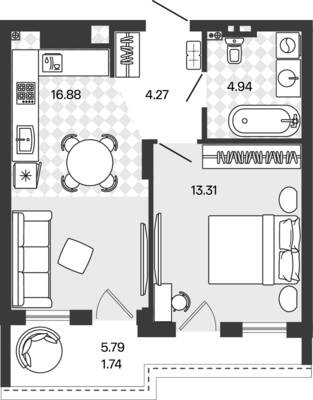 Планировка: 1-комн. 41,14 м² · этаж 5 из 5